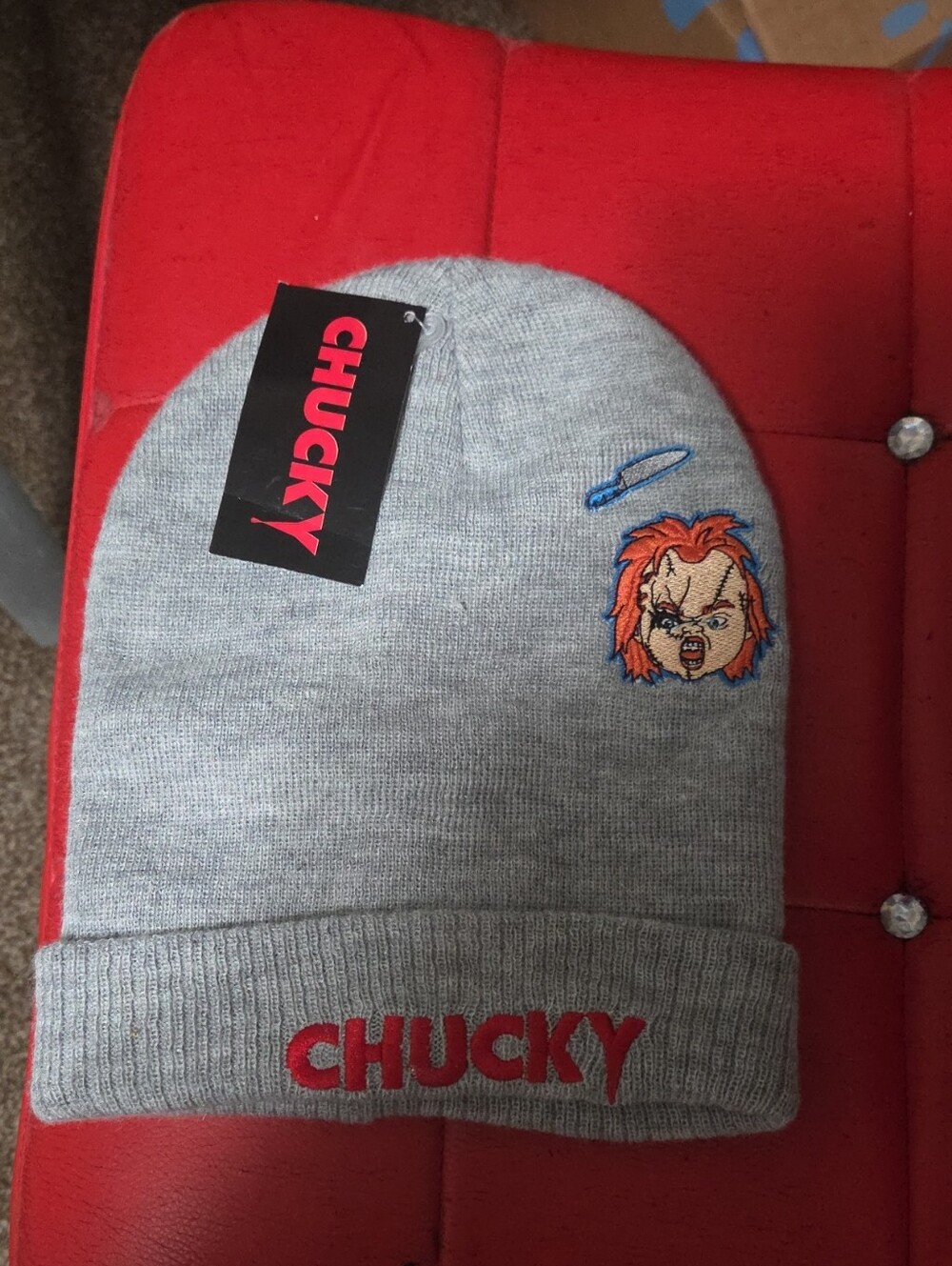 Chucky Grey Knit Beanie with Embroidered Character